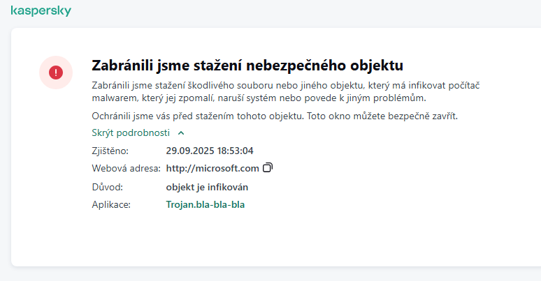 Upozornění aplikace Kaspersky na zabránění načtení škodlivého objektu v okně prohlížeče.