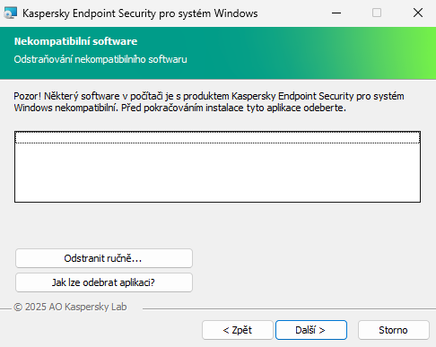 Okno instalačního programu, se seznamem nekompatibilního softwaru. Uživatel může spustit odstranění nekompatibilního softwaru.