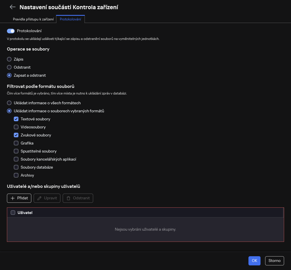 Okno pro konfiguraci protokolování událostí o použití vyměnitelných jednotek. Uživatel si může vybrat události, které mají být protokolovány.