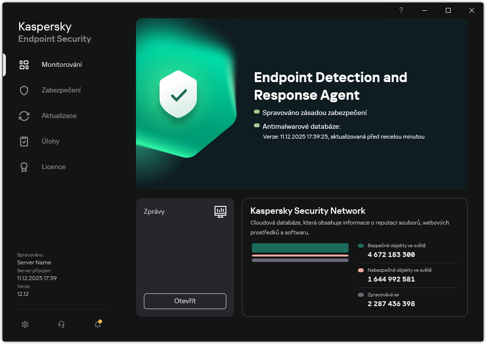Hlavní okno aplikace v režimu Endpoint Detection and Response Agent.