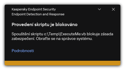 Upozornění na zablokované provádění skriptu. Uživatel může zobrazit podrobné informace o pravidle.
