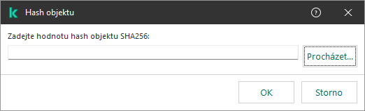 Okno s polem pro zadání hash součtu objektu. Uživatel může vybrat objekt pomocí správce souborů.