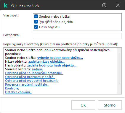 Okno s nástroji pro výběr výjimky. Uživatel může vybrat soubor nebo složku nebo zadat název či hash objektu.