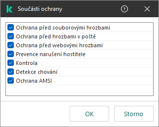 Okno se seznamem součástí aplikace. Výjimka se vztahuje pouze na provoz vybraných součástí.