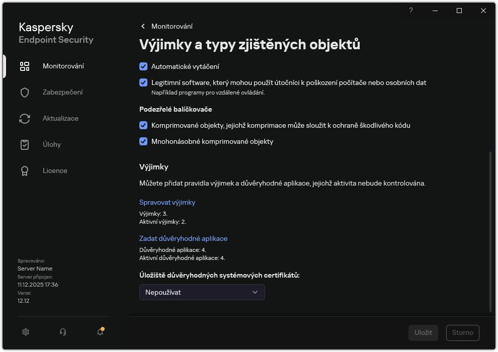 Okno nastavení výjimek. Uživatel může přidávat výjimky a důvěryhodné aplikace.