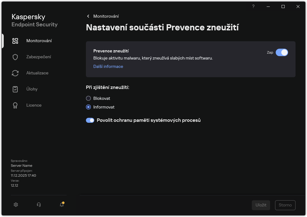 Okno nastavení součásti Prevence zneužití