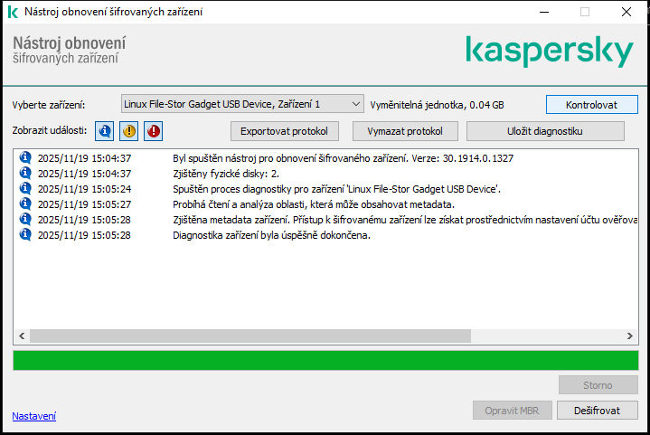 Okno se seznamem událostí nástroje. Uživatel může spustit diagnostiku a dešifrovat vybrané zařízení.