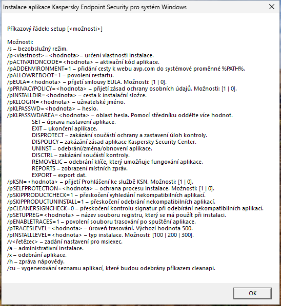 Okno s popisem popisující možnosti příkazu pro instalaci aplikace přes CMD.