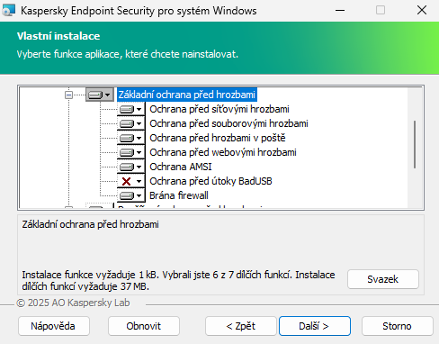 Okno instalačního programu se seznamem součástí, které si uživatel může vybrat.