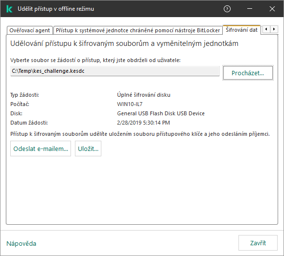 Okno obsahuje pole pro výběr souboru požadavku na přístup. Uživatel může vytvořený klíč uložit na disk nebo poslat e-mailem.