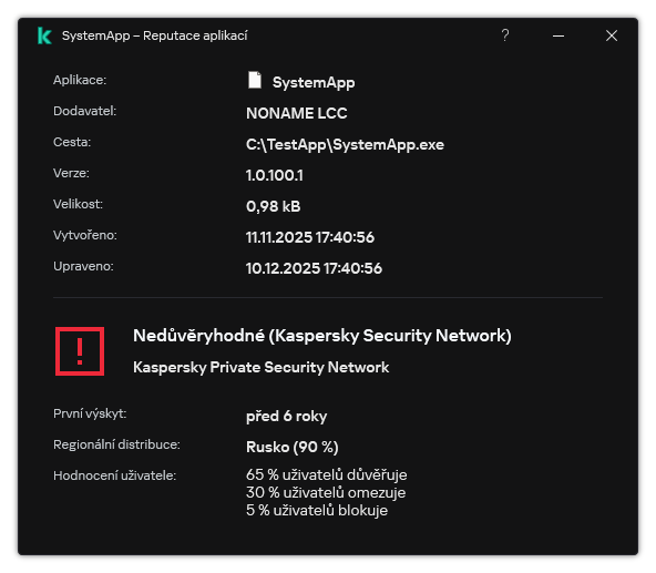 Okno obsahuje informace o reputaci souboru a další údaje, jako je přítomnost digitálního podpisu.