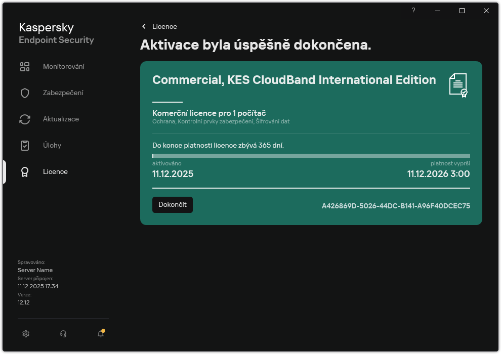 Okno obsahuje informace o licenci: datum vypršení platnosti, dostupné funkce a další informace.