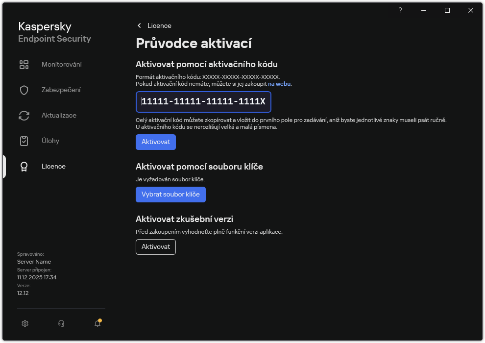 Okno s nástroji pro aktivaci aplikace. Uživatel může zadat aktivační kód nebo vybrat soubor klíče.