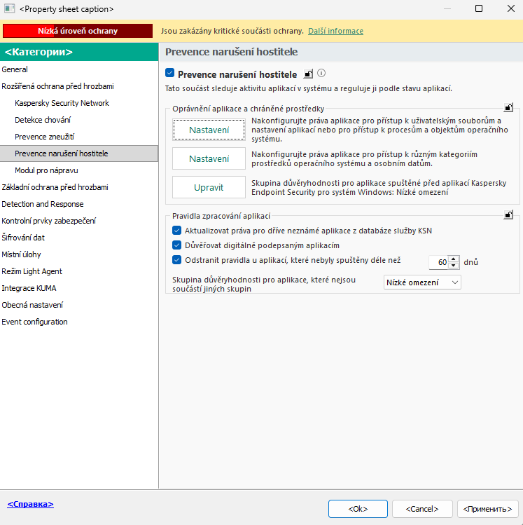Okno nastavení součásti Prevence narušení.