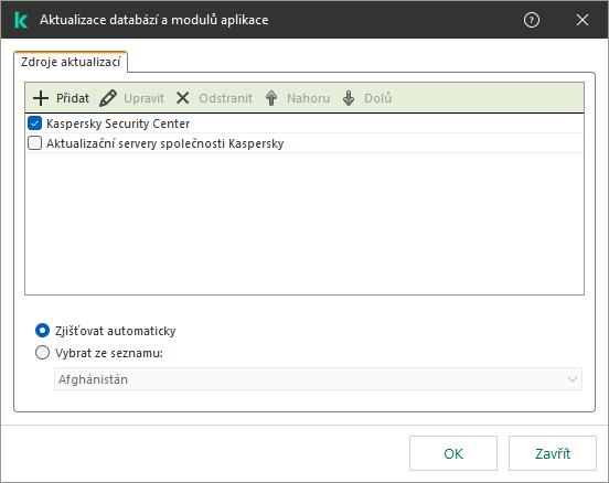 Okno se seznamem zdrojů aktualizací. Uživatel může přidat zdroje aktualizací a přiřadit zdroji prioritu.