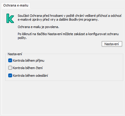 Rozšíření Kaspersky pro okno aplikace Outlook. Uživatel může nakonfigurovat zprávy, které mají být kontrolovány při přijetí, přečtení nebo odesílání.