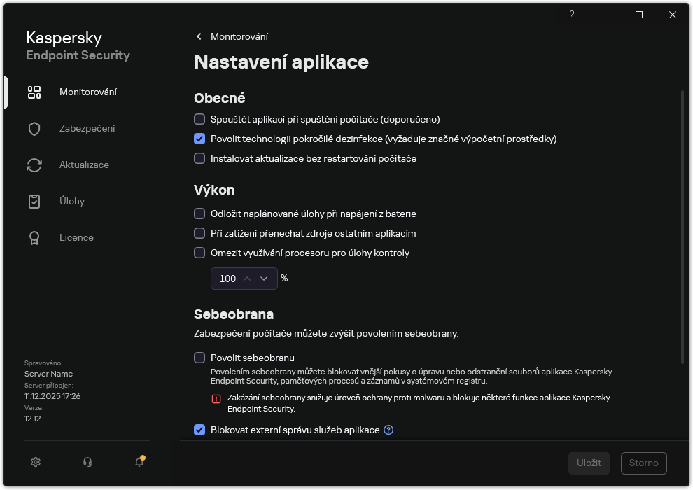 Okno Nastavení aplikace. Uživatel může konfigurovat výkon, sebeobranu a další nastavení.