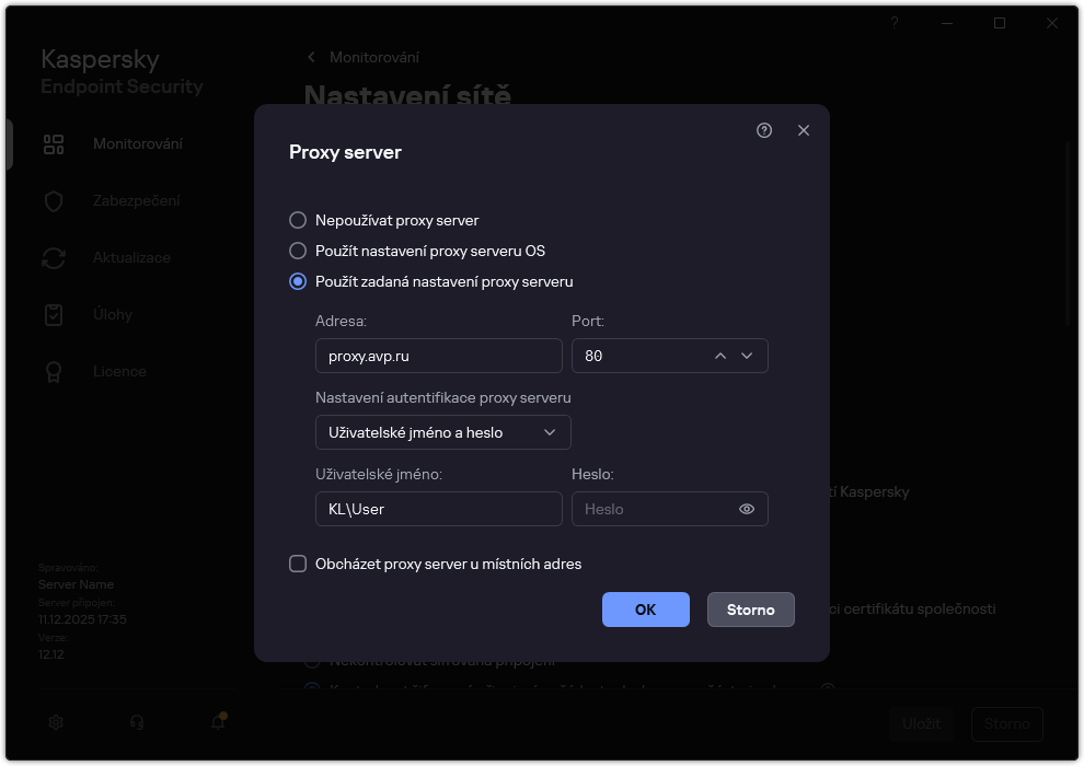 Okno pro konfiguraci připojení k proxy serveru. Uživatel může nastavit adresu proxy serveru a uživatelské údaje.