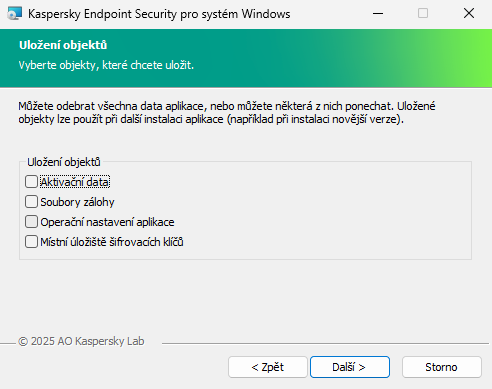 Okno instalačního programu se seznamem objektů, které lze uložit po odebrání aplikace.