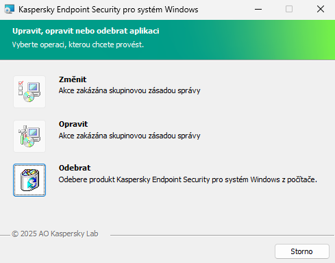 Okno instalačního programu se seznamem operací: změna sady součástí, oprava aplikace, odebrání aplikace.