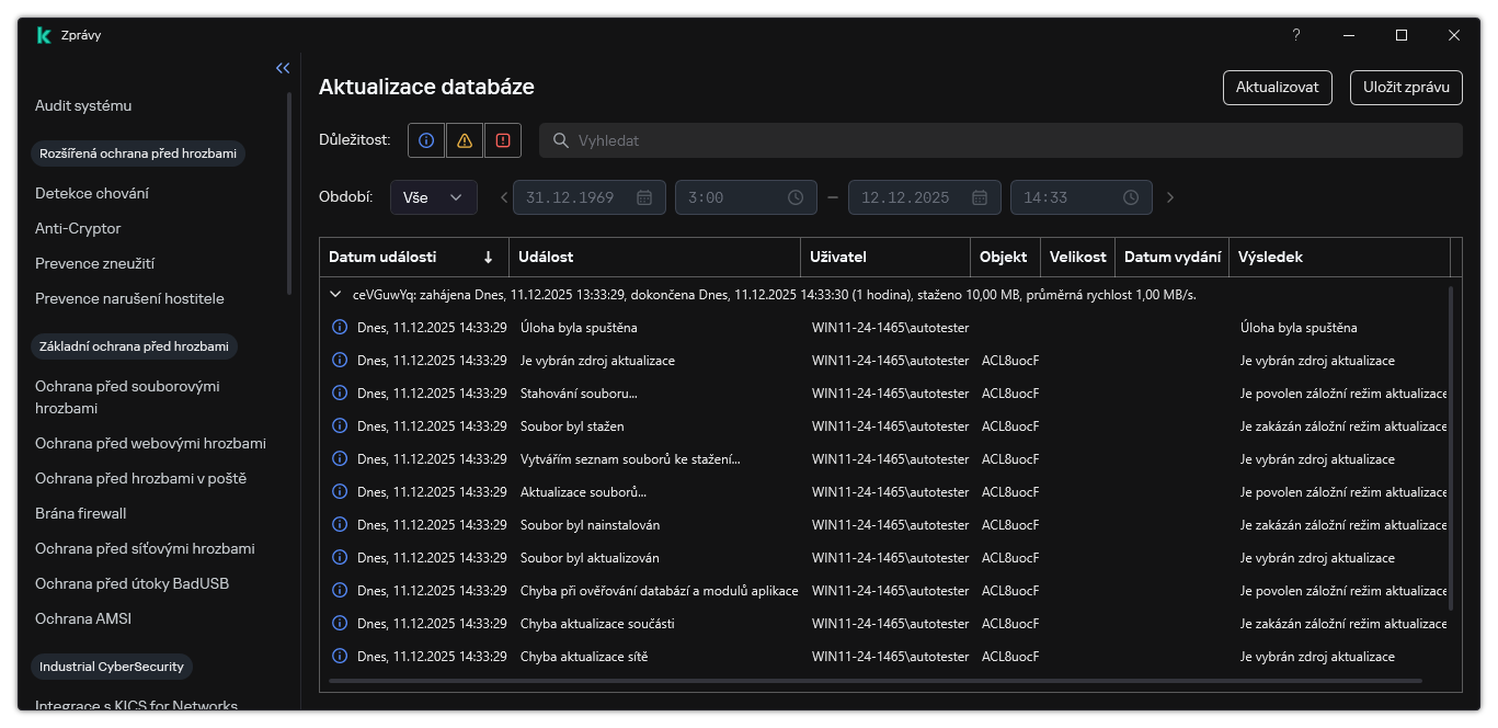 Okno se seznamem událostí ve zprávě. Uživatel může filtrovat/třídit události a ukládat zprávy do souboru.