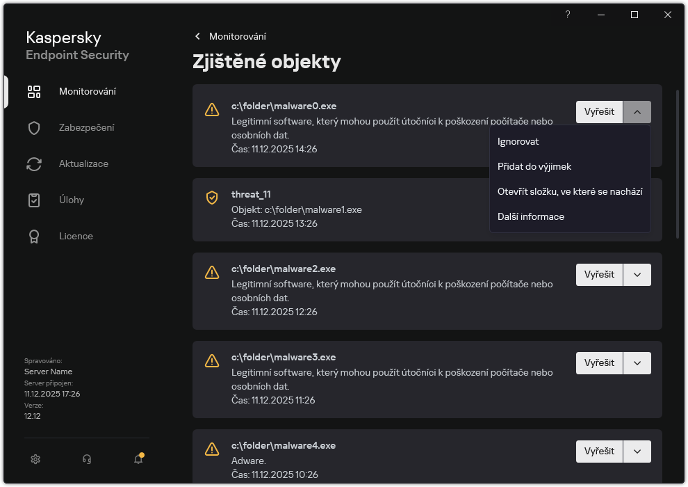 Okno se seznamem zjištěných objektů. Zobrazí se informace o objektu. Uživatel může objekt vyřešit nebo odstranit.