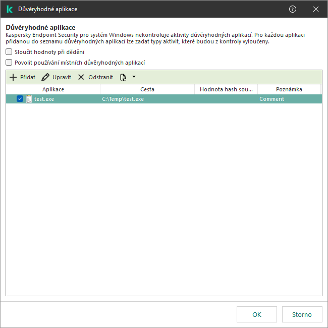 Okno se seznamem důvěryhodných aplikací. Uživatel může přidat, upravit nebo odebrat důvěryhodnou aplikaci.