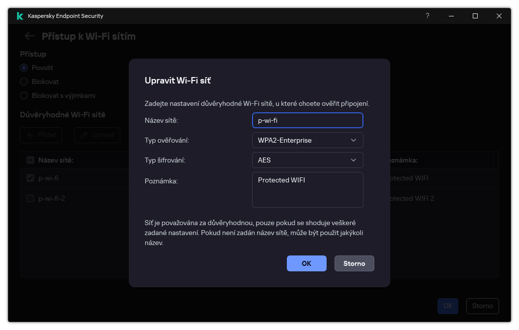 Okno obsahuje nastavení důvěryhodné Wi-Fi sítě.