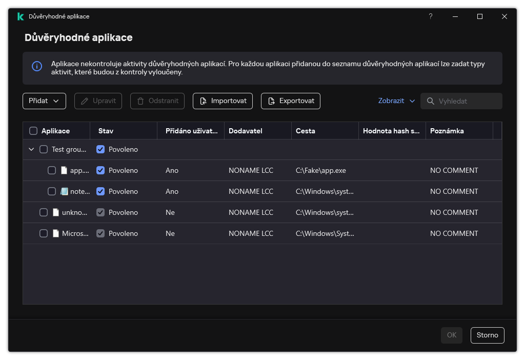 Okno se seznamem důvěryhodných aplikací. Uživatel může přidat, upravit nebo odebrat důvěryhodnou aplikaci.