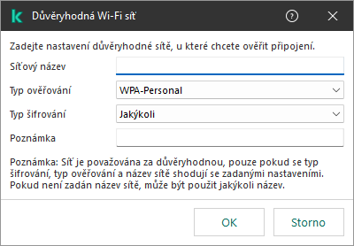Okno obsahuje nastavení důvěryhodné Wi-Fi sítě.