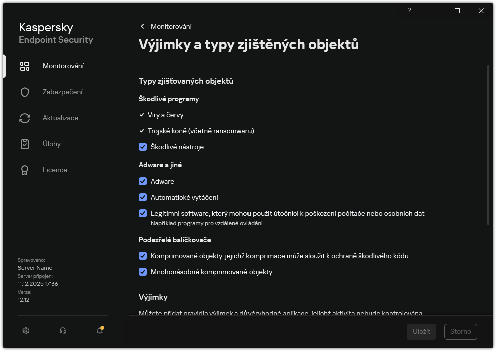 Okno nastavení výjimek. Uživatel může vybrat typy zjišťovatelných objektů a přidat objekty do výjimek.