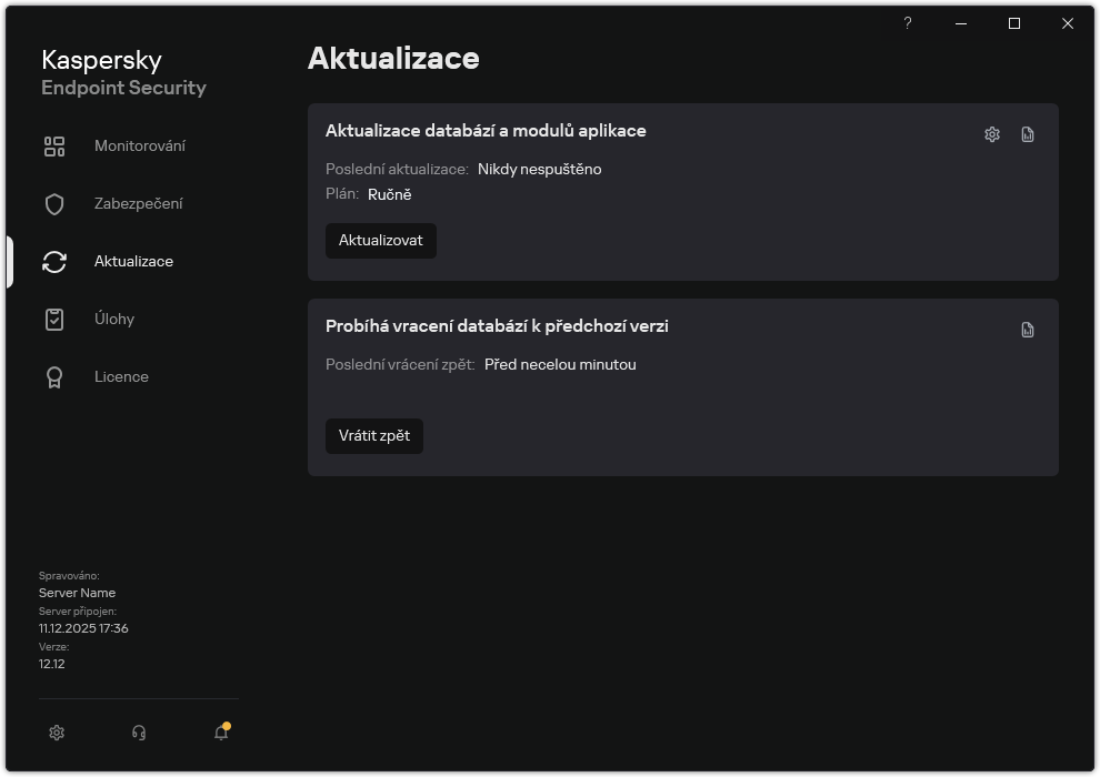 Okno se seznamem úloh místní aktualizace. Uživatel může aktualizaci spustit a vrátit zpět.