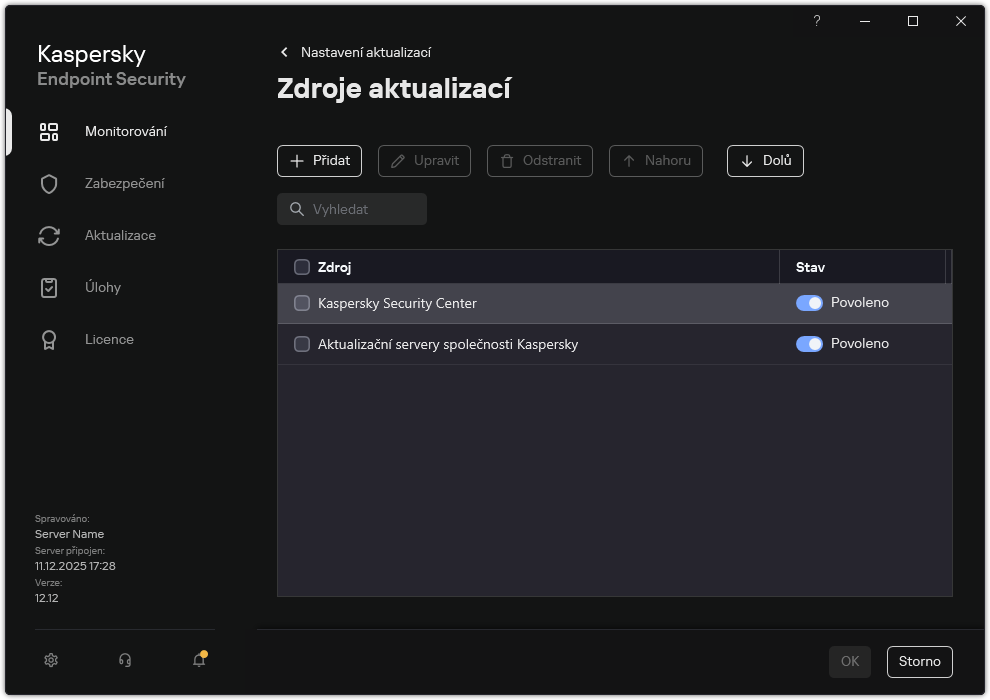 Okno se seznamem zdrojů aktualizací. Uživatel může přidat zdroje aktualizací a přiřadit zdroji prioritu.