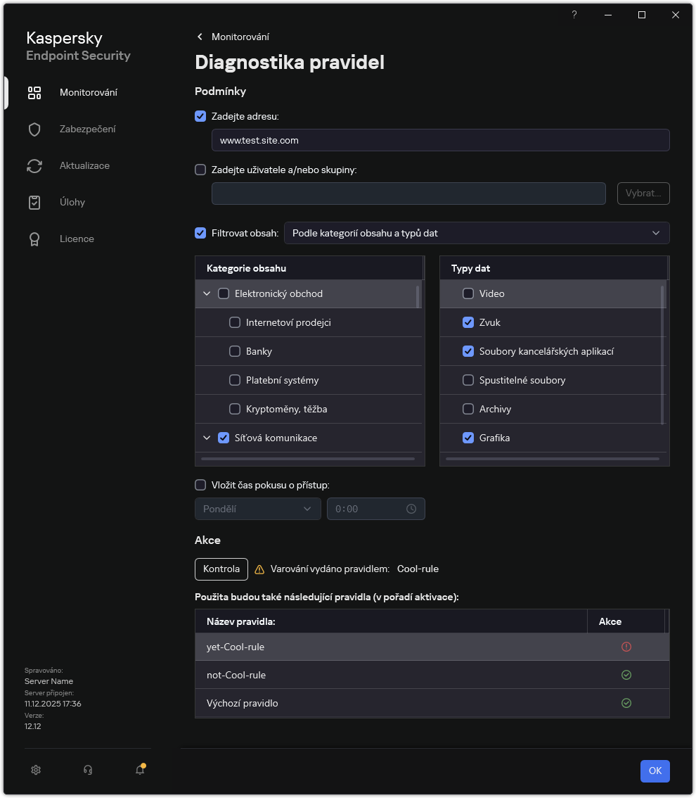 Okno s výsledky testu webových prostředků.