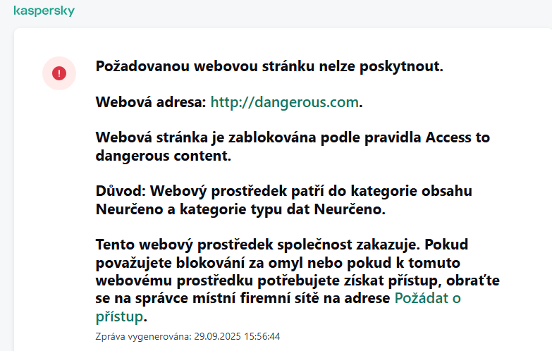 Upozornění na zablokování přístupu na webovou stránku v okně prohlížeče. Uživatel může vytvořit požadavek na přístup k webovému prostředku.
