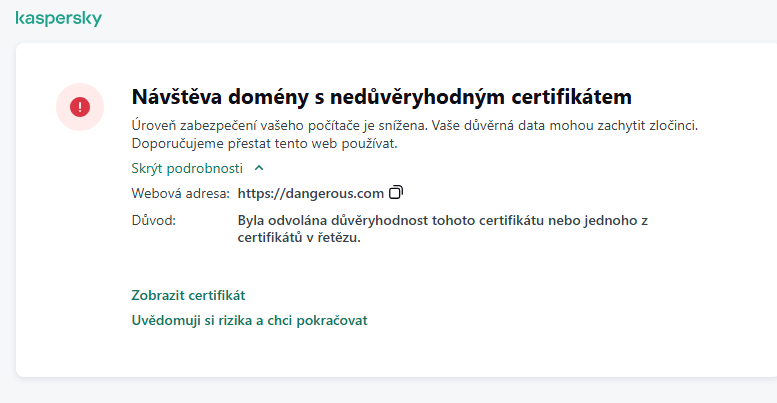Upozornění aplikace Kaspersky na návštěvu domény s nedůvěryhodným certifikátem v okně prohlížeče. Uživatel může pokračovat v práci.