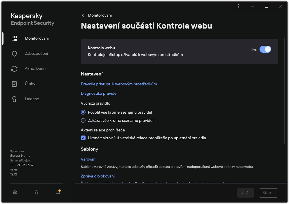 Nastavení součásti Kontrola webu.