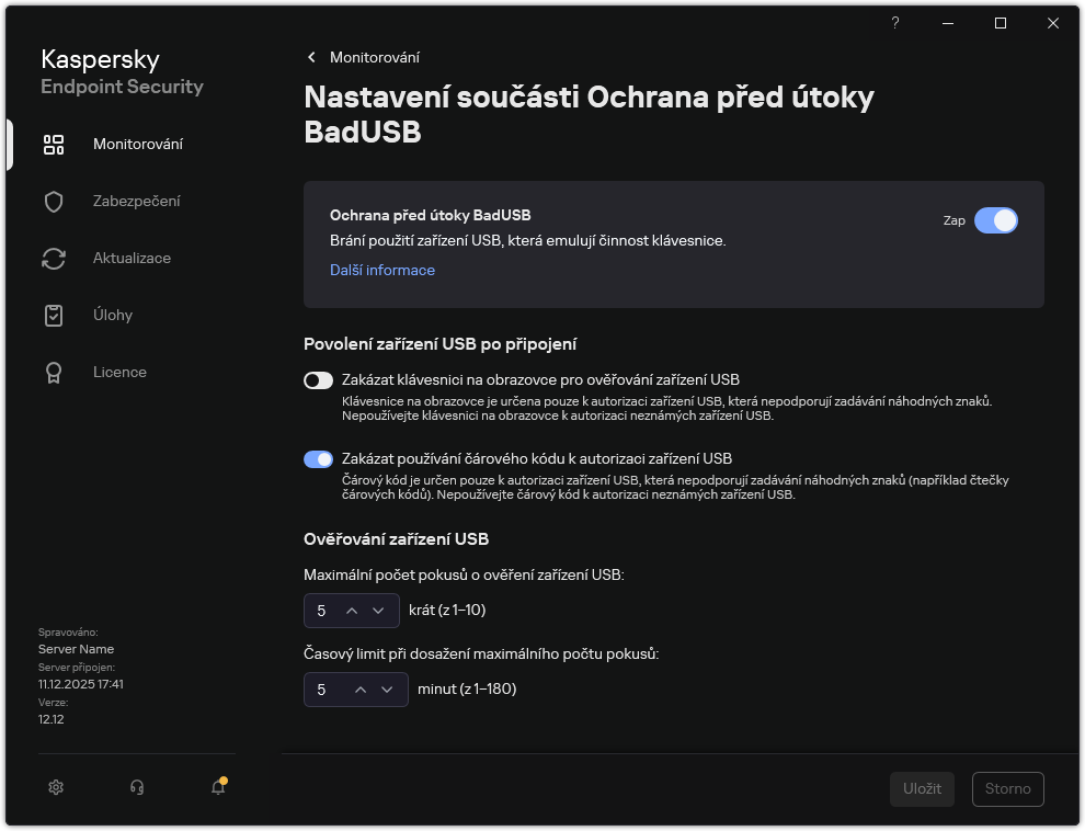 Okno nastavení Ochrana před útoky BadUSB.