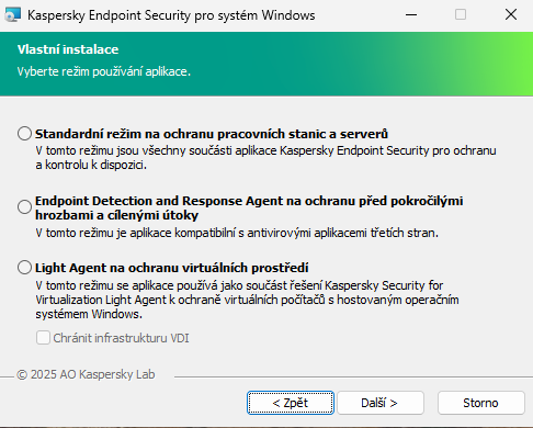 Instalační okno s konfigurací aplikace: všechny funkce, nebo Endpoint Detection and Response Agent.