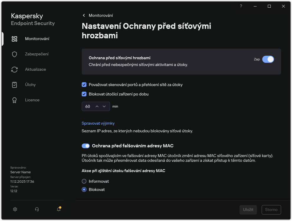 Okno nastavení součásti Ochrana před síťovými hrozbami