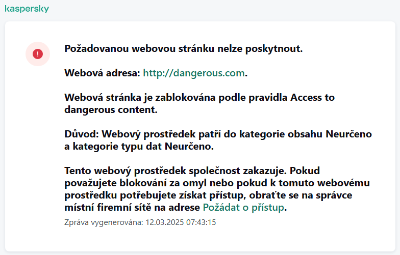 Oznámení o návštěvě webu zablokovaného součástí Kontrola webu. Uživatel může vytvořit požadavek na přístup k webovému prostředku.