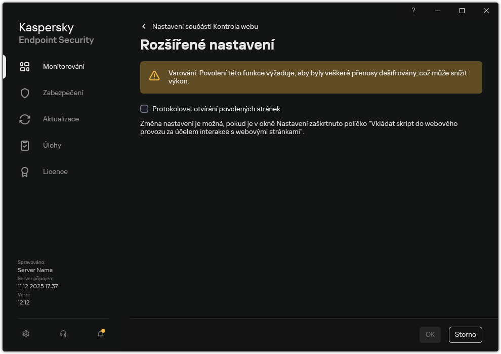 Okno s rozšířeným nastavením součásti Kontrola webu.