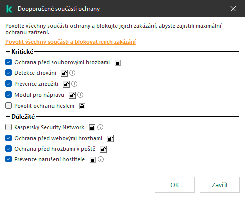 Okno pro povolení doporučených součástí ochrany. Můžete povolit součásti ochrany a zabránit jejich zakázání.