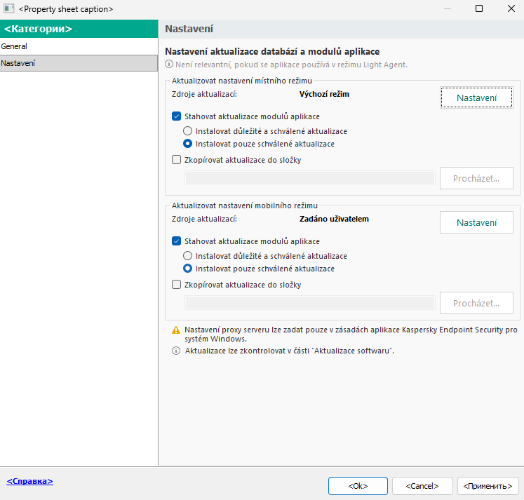 Okno Aktualizace nastavení úlohy. Uživatel může nakonfigurovat aktualizaci v místním a mobilním režimu.