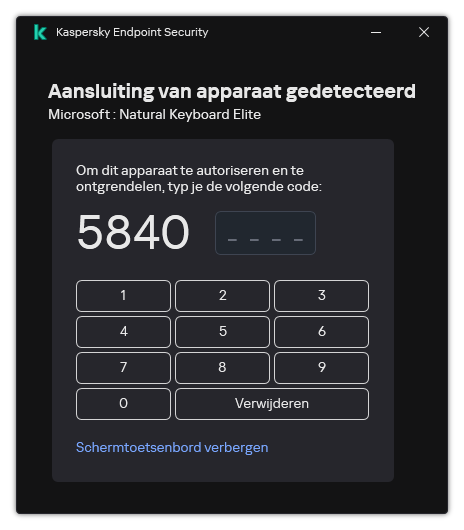 Het venster met de autorisatiecode voor het toetsenbord en Schermtoetsenbord. De gebruiker kan de code invoeren.