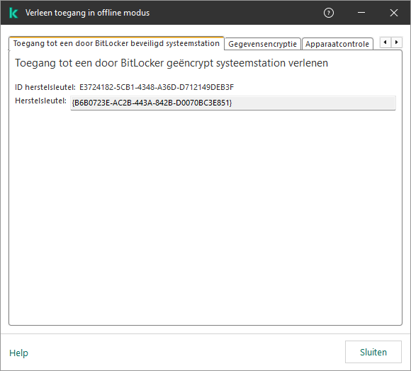 Een venster met de sleutel om de toegang tot het versleutelde systeemstation te herstellen.