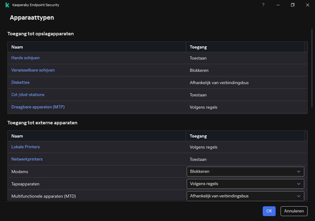 Venster voor het configureren van toegang tot apparaten. De gebruiker kan ook andere toegangsinstellingen configureren, zoals schema.