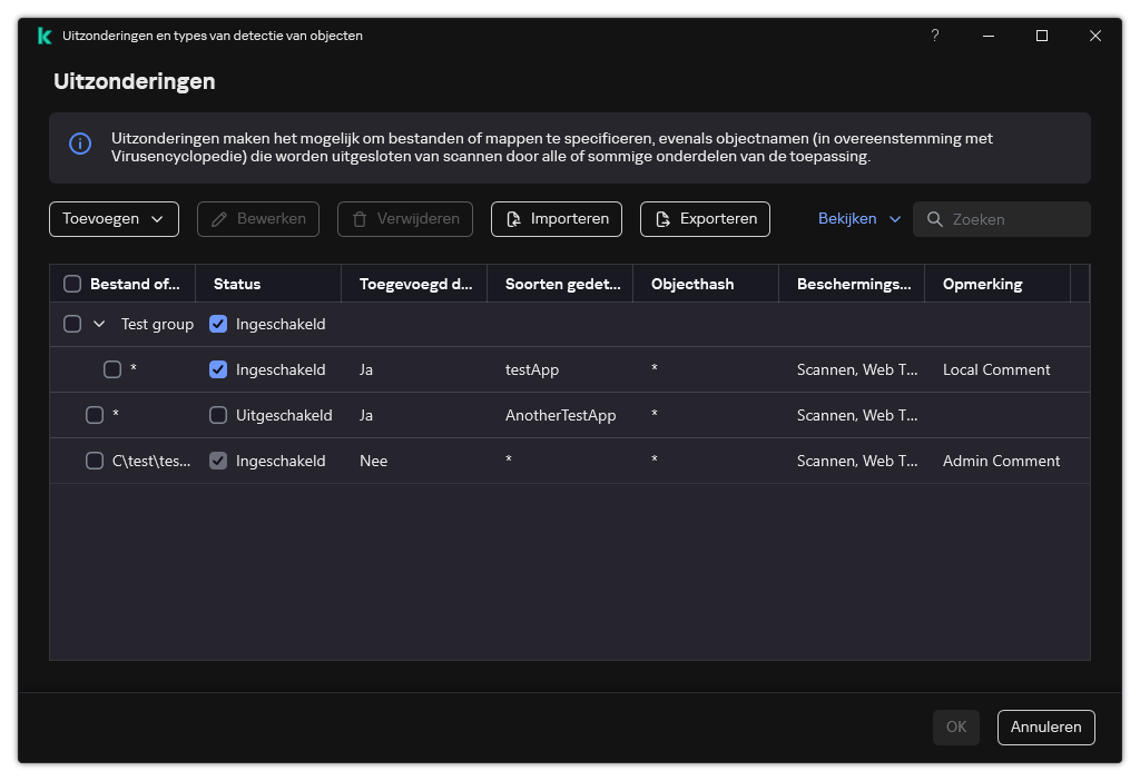 Een venster met de lijst met uitzonderingen. Uitzonderingseigenschappen worden weergegeven. De gebruiker kan uitzonderingen toevoegen, bewerken of verwijderen.