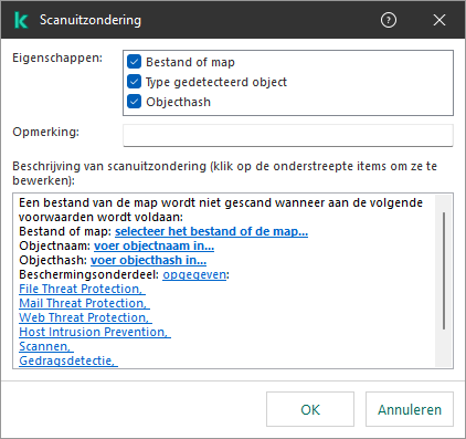 Een venster met hulpmiddelen voor selectie van uitzonderingen. De gebruiker kan een bestand of map selecteren, een objectnaam of hash invoeren.