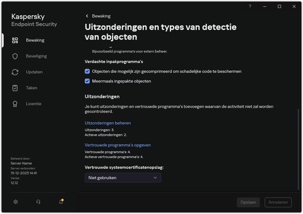 Venster instellingen voor uitzonderingen. De gebruiker kan uitzonderingen en vertrouwde programma's toevoegen.
